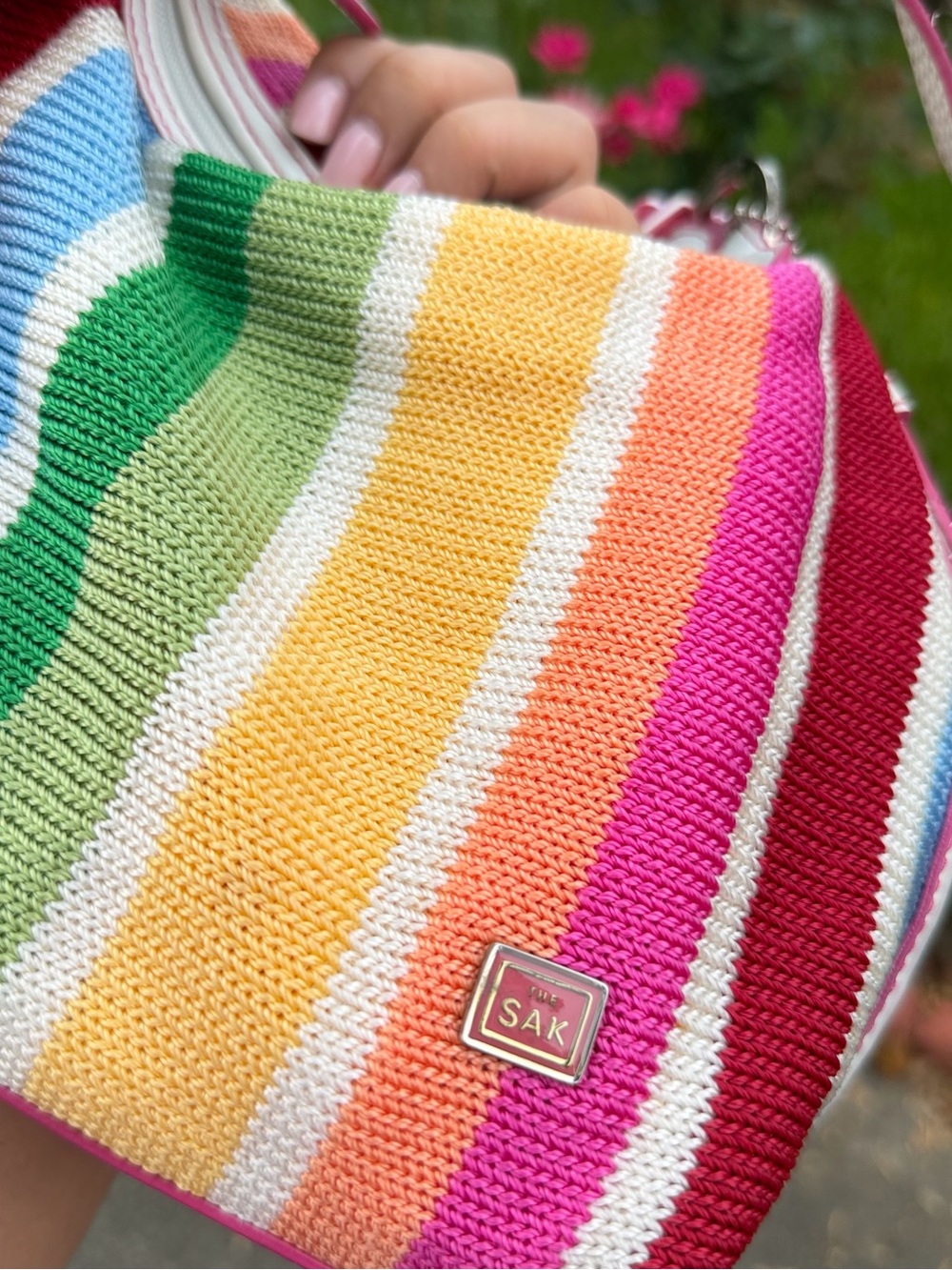 The Sak Rainbow Stripe Kids Shoulder Bag with Pink Plush Charm - Picture 8 of 13